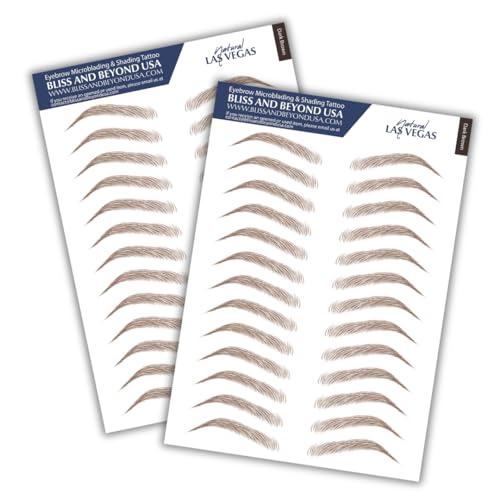 Bliss and Beyond USA, 2 sheets eyebrow tattoo waterproof sticker, Long Lasting, Natural Looking Fake Eyebrow for Alopecia, Chemo, Cancer gift. Same Size eyebrow tattoos (Natural Las Vegas, Dark Brown)