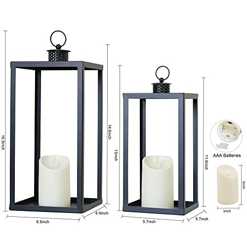 Hpc Decor Black Metal Candle Lanterns Set Of 2- Lanterns Decorative With Flickering Timer Candles- 16.5'' & 13'' Chunky Large Modern Farmhouse Candle Lanterns For Indoor, Outdoor, Tabletop (No Glass) #TOP6