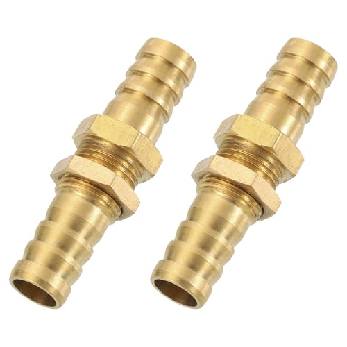 sourcing map 2Pcs 3/8 Hose Barb Fitting, Brass Hex Head Straight Union Hose Pipe Water Bulkhead Fitting for Water Fuel Air, Brass Tone
