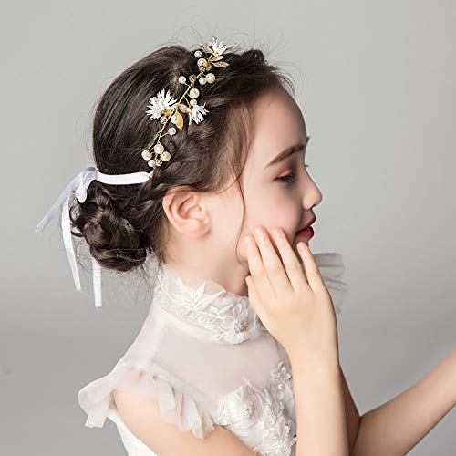 Prdgirl Flower Girl Headpiece White Little Daisy Gold Leaf Faux Pearls Rhinestone Floral Leaves Hair Accessories Girls Bridal Party Wedding #TOP4