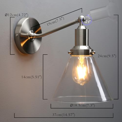 Image of PERMO Industrial Vintage Slope Pole Wall Mount Single Sconce with Funnel Flared Clear Glass Shade Brushed Wall Sconce Light Lamp Fixture