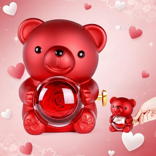 Image of Kidology Teddy Bear with Preserved Rose | Forever Flower Bear with Hidden Jewellery Box | Elegant Gift Box for Women, Romantic Gift for Valentine's Day (Without Necklace) (Red)