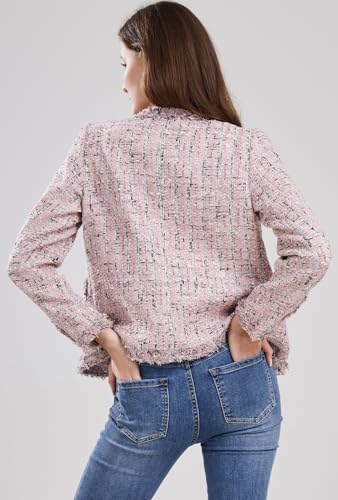 ebossy Women's Elegant Open Front Round Neck Fringed Plaid Tweed Jacket2