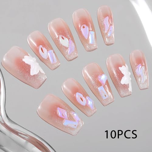 Sethexy Long Coffin Handmade False Nails, Gradient, Glitter Floral, Sparkly, Rhinestone - Image 3