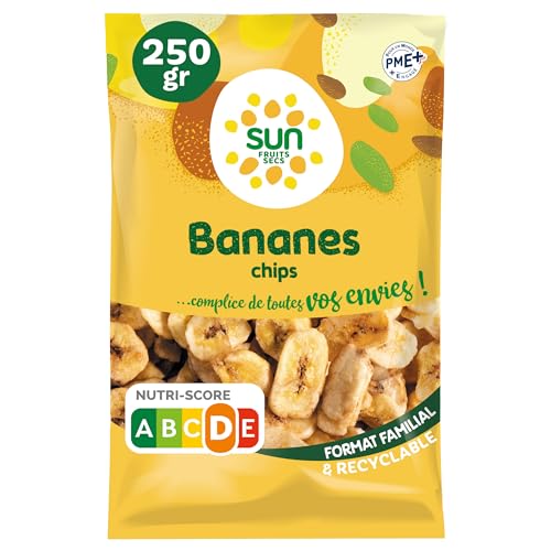 SUN - Chips de Bananes Séchées 250 g - Bananes Croquantes Légèrement Sucrées - Encas Sain et Gourmand - Pour Apéritif, Goûter, Pause Énergie - Idéal Céréales, Granola, Rando, Cuisine Végétale
