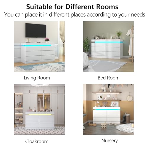 Gyfimoie 6 Drawer Dresser with Power Outlet, Dresser with LED Light, Modern Chest of Drawers for Closet, Double Wide Drawer Organizer Cabinet for Bedroom, Living Room (White, 6 Drawers)