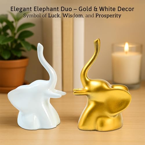 Image of ZAICUS Home Decor Elephant Showpiece Set of 2 | Golden & White Modern Minimalist Elephant Figurines | Tabletop Decor for Living Room, Office Desk & Gifting
