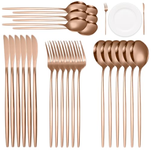 Rose Gold Silverware Set, 24 Pieces Stainless Steel Fork and Spoon Set, Cutlery Include Knife Fork Spoon Teaspoon, Easy Clean Flatware SetRose Gold Silverware