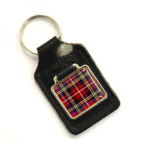 Gtr-Prestige Giftware Black Bonded Leather Keyring Key Fob With Royal Stewart Tartan