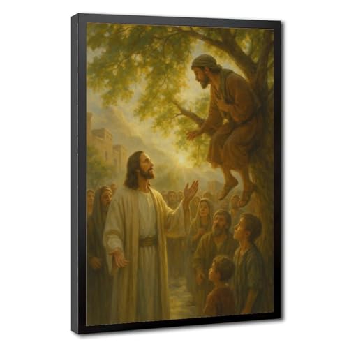 Jesus and Zacchaeus Canvas Wall Art, Christ by Sycamore Tree Painting, Classical Biblical Story Christian Poster, Golden Backlight Salvation Church Living Room Decor (Vertical Multi-Frame Options)