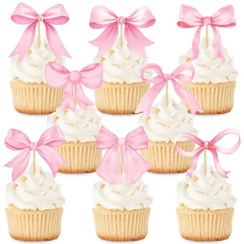 JarThenaAMCS 32Pcs Pink Bow Cupcake Toppers Coquette Bow Cake Decorations Pink Bow Cupcake Picks for Bachelorette Wedding Baby Shower Birthday Party Supplies