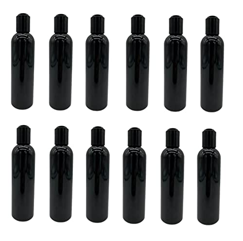 Natural Farms 4 oz Black Cosmo Plastic Bottles -12 Pack Empty Bottle Refillable - BPA Free - Essential Oils - Aromatherapy | Black Press Down Disc Cap - Made in the USA