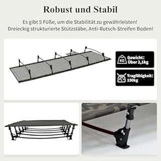 TOMOUNT Lettino da campeggio ultraleggero, 190 x 70 cm, pieghevole, in alluminio, compatto, facile da costruire, per campeggio, escursioni, viaggi, spiaggia, verde mimetico