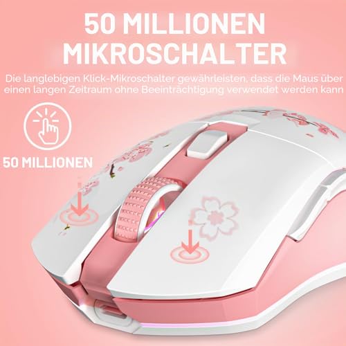 DAREU Sakura Pink Gaming Maus Kabellose mit Magnetic Charging Dock Wiederaufladbar RGB,12K DPI, 6 Programmierbare Tasten… – Ansicht 4