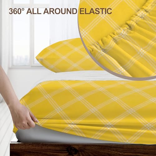 Image of RD TREND Glace Cotton All Around Elastic Fitted Check King Size Double Bed Bedsheet (72 inchx78 inchx8 inch) with 2 Pillow Cover (18 inchx28 inch) 210 TC (Lines-Yellow)