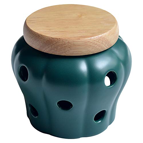 Mornenjoy Garlic Keeper,Ceramic Macaron Tone Garlic Jar Hollow Pumpkin Garlic Vented Storage Container Garlic Cellar Pot With Bamboo Lid (Teal Green) #TOP1