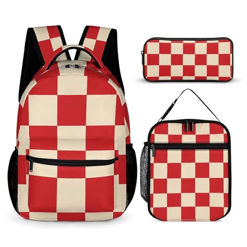 Red And Cream Plaid Checkered Funny Backpack Set with Lunch Bag And Pencil Case Lightweight Bags Sets