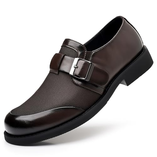 Men's Breathable Mesh Polished Leather Slip On Loafers with Monk Buckle Lightweight Non Slip Round Toe Business Formal Casual Soft Shoes for Office Weddings Parties Urban Gentleman Style