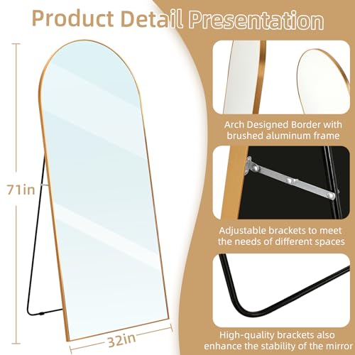 Arched Full Length Mirror, 71x32 Oversized Floor Mirror with Stand, Gold Mirror Full Length, Aluminum Full Body Dressing Mirrors with Arched-Top, Leaning for Living Room, Bedroom