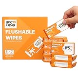 JUST TO GO Flushable Wipes, Septic-Safe & Breaks Down, Plant-Based Biodegradable Butt Wet Wipes, Travel-Size Ultra-Compact Pocket Packs, Hypoallergenic Unscented for Sensitive Skin, 56 Count