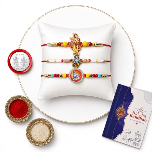 Image of Oblivion Rakhi For Brother - Elegant Stylish God Designer Rakhi with Beads and Silver Colour Pooja Coin, Tilak Set & Greeting Card - Traditional Raksha Bandhan Combo for Bhai