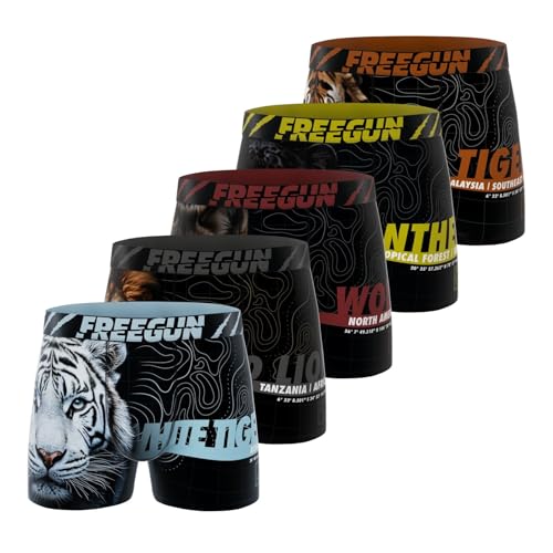FREEGUN Boxer Homme, Caleçon Homme Animals, Ultra-Doux et Stretch (Lot de 5), Noir Taille M