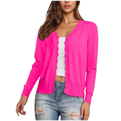 Women's Cardigan Sweater V Neck Lightweight Button Front Knit Tops Hot Pink