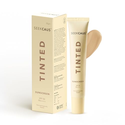 Image of Seekcaus Tinted Sunscreen SPF 50 PA++++ for Men & Women | Broad Spectrum UVA UVB & Blue Light Protection | Non-Sticky Non-Greasy Water & Sweat Resistant | No White Cast | Dermatologist Tested | Suitable for All Skin Types | 50 g