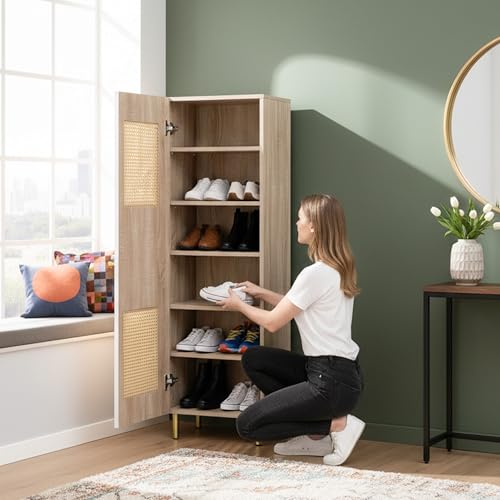 Image of Rocco Exotica Premium Shoe Cabinet | Engineered Wood Shoe Rack with Rattan Design and Soft Close Doors| Store Books, Crockery, Files or Shoes | Scratch Resistant Matte Finish (12 Pair)
