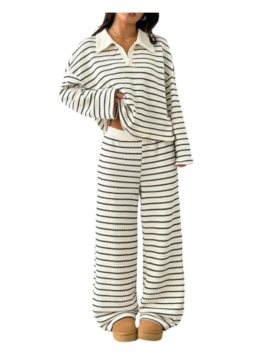 MakeMeChic Women's 2 Piece Sets Striped Long Sleeve Collared Tops