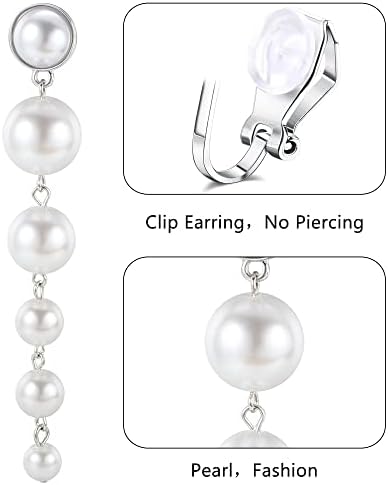 CASSIECA 5 Pairs Clip on Earrings for Women Girls Drop Earrings Fashion Long Tassel Earrings Statement Rhinestone Pearl CZ Dangle Earrings Non Pierced Ears Chain Earrings Set Jewelry for Wedding Prom