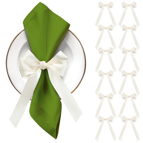 Gandeer Bow Napkin Rings Set of 12 Ivory White Ribbon Candlestick Decor Charms Coquette Bow for Wine Glasses Ribbon Gift Rings Bulk for Candle Holder Wedding Birthday Party Bridal Shower Wrapping