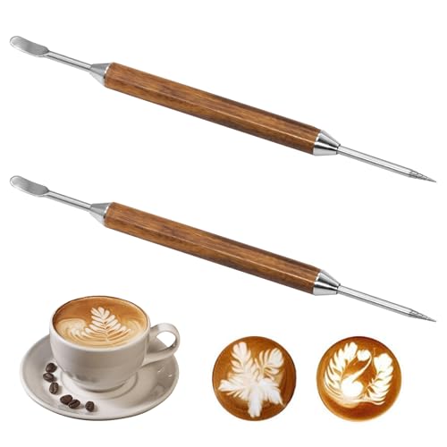 Latte Art Pen, Stainless Steel Coffee Art Pen with Wood Handle for Latte Cappuccino Macchiato Espresso Art Tool