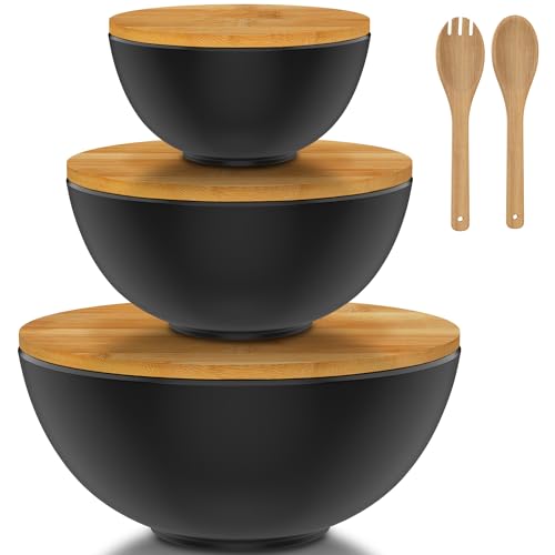 Large Bamboo Salad Bowl Set with Cutting Board Lids and Serving Utensils - Small, Medium and Big Salad Bowl with Lid - Black Dish Set - Bamboo Mixing Bowls Set for Chips, Dip, Fruit, Popcorn, Parties