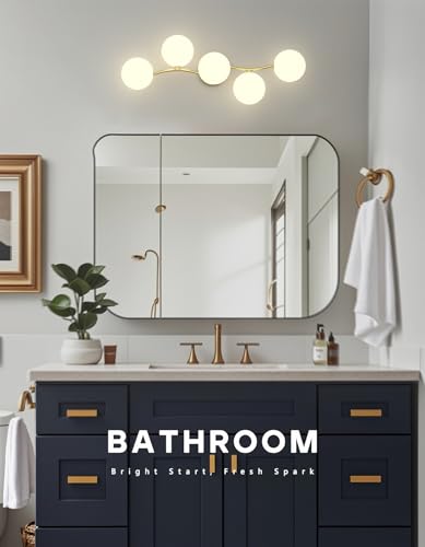 Image of 5-Light Bathroom Vanity Light, Bathroom Lighting Fixtures Over Mirror with Milk White Glass Shades, Modern Brass Gold Vanity Lights Dimmable Wall Sconce Wall Mount for Stairway, Bedroom, Hallway