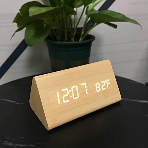 Digital Alarm Clock, Triangle Wooden Clock With Led Display, 3 Alarm Settings, 4 Brightness And Temperature, Time & Date, Decor Digital Clock For Bedroom & Bedside (Bamboo) #TOP7
