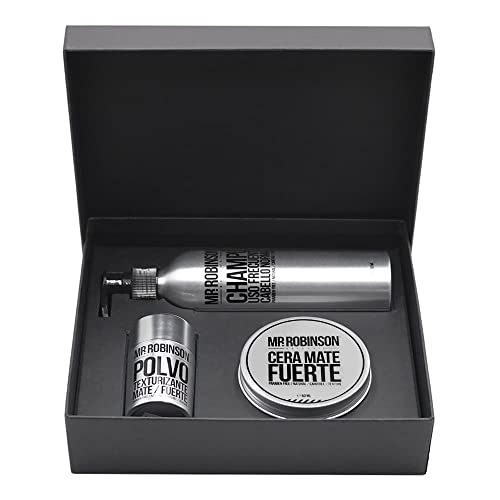 Kit 3 en 1 para el cuidado personal Mr. Pleasure de Mr. Robinson. Consta de champú de uso frecuente, cera mate y polvo texturizante fuerte para el cabello Cover