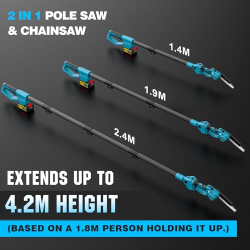 highsam 2-in-1 kettingzaag en hoogsnoeier accu voor Makita 18 V, met 2 x 4,0 Ah accu, verlengstang tot 4,2 m, borstelloze motor, elektrische snoeizaag voor boomtakken, houtzagen - Afbeelding 3