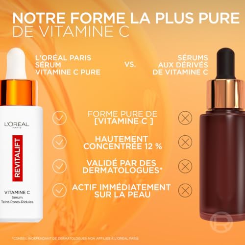 L’Oréal Paris – Sérum 12% Vitamine C Pure + Acide Salicylique + Vitamine E – Antioxydant & Anti-Âge – Teint irrégulier, Pores et Ridules – Flacon Anti-UV – Revitalift Clinical – 30 ml