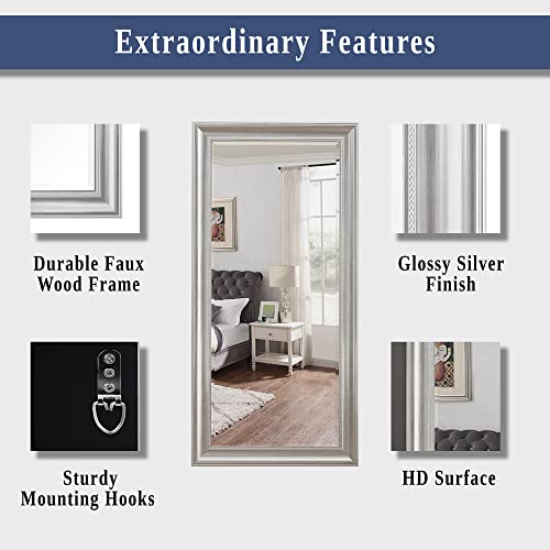 Naomi Home Beaded Framed Leaner Huge Floor Mirror Silver Floor Mirror Full Length Xl Mirror Huge Mirrors For Bedroom Large Wooden Frame Oversize Mirrors For Floor Xl Floor Mirror Silver, 66"X32" #TOP4