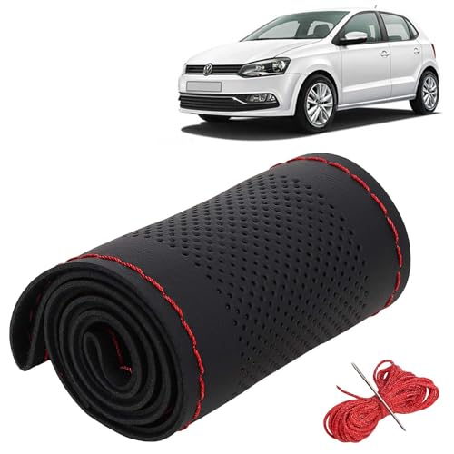 Image of KINGSWAY PU Leatherite Car Steering Cover Sewable Compatible with Volkswagen Polo (Year 2009 Onwards), Black Color with Red Thread, Pack of 1 with Sewing Needle and Thread