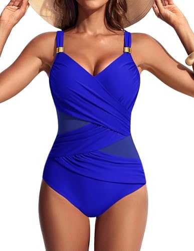 Hanna Nikole Damen Badeanzug Bauchweg,Push up Schwimmanzug Swimsuits Sexy Sheer Mesh Einteiler Bademode,Schlankheits Raffung V-Ausschnitt Monokini