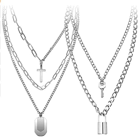 2Pcs Punk Layered Lock Key Love Heart Butterfly Cross Angel Pendant Necklace Gothic Cool Adjustable Chain Statement Choker Necklace for Women Man Hip Hop Bar Party Jewelry image 2