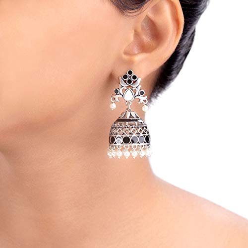 Voylla Brass Silver Oxidised Plating Rangabati Pink Embellishments Jhumka Earrings with Pearl Beads for Women and Girls - Image 5