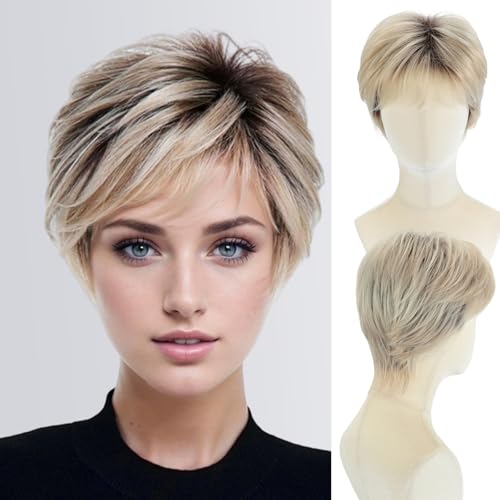 WIGYY Rooted Platinum Ash Blonde Pixie Wig – Short Curly