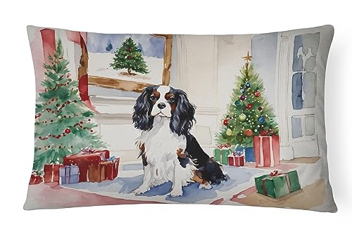 Caroline's Treasures DAC1315PW1216 Cavalier Spaniel Christmas Fabric Decorative Pillow Machine Washable, Indoor Outdoor Decorative Pillow for Couch, Bed or Patio, 12HX16W
