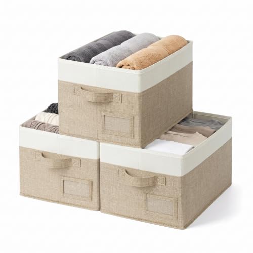 GRANNY SAYS Closet Shelf Baskets with Label, Khaki&Ivory, Large, 3-Pack
