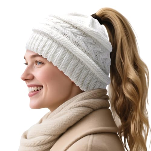 PFFY Ponytail Beanie Hat for Women Winter Warm Knit Beanies High Bun Hats Skull Cap White (Ponytail)