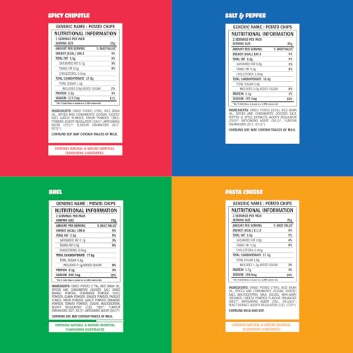 Image of BRB Popped Potato Chips | Not Baked, Not Fried | 4 Tubs X 85 Grams | 4 Flavours - Bhel, Spicy Chipotle, Salt & Pepper, Pasta Cheese | 60% Less Fat | Low Calorie | Healthy Snack (Pack of 3)