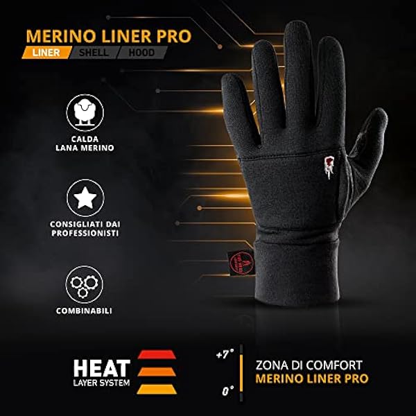 THE HEAT COMPANY – MERINO LINER PRO – guanti caldi in lana merino - qualità premium - guanti invernali touchscreen per donne e uomini - guanti da corsa, per lo sport e il jogging - nero